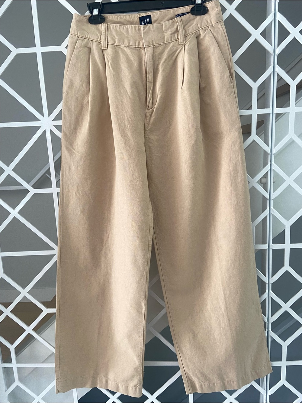 GAP Linen Cotton Wide Leg Trousers Size 6 Tan Pleated High Rise Pants Coastal - Picture 2 of 11